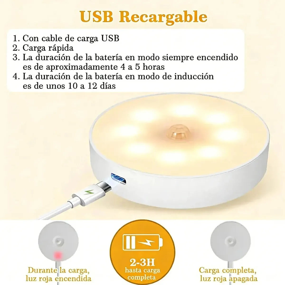 Luz LED con sensor de movimiento - USB recargable, detalle técnico